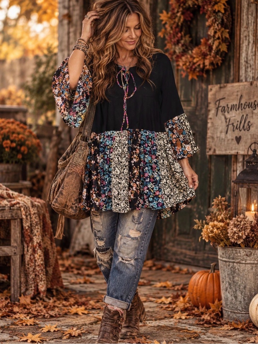 Young Threads Mixed-Media Floral Patchwork Boho Tunic Top Small NWT